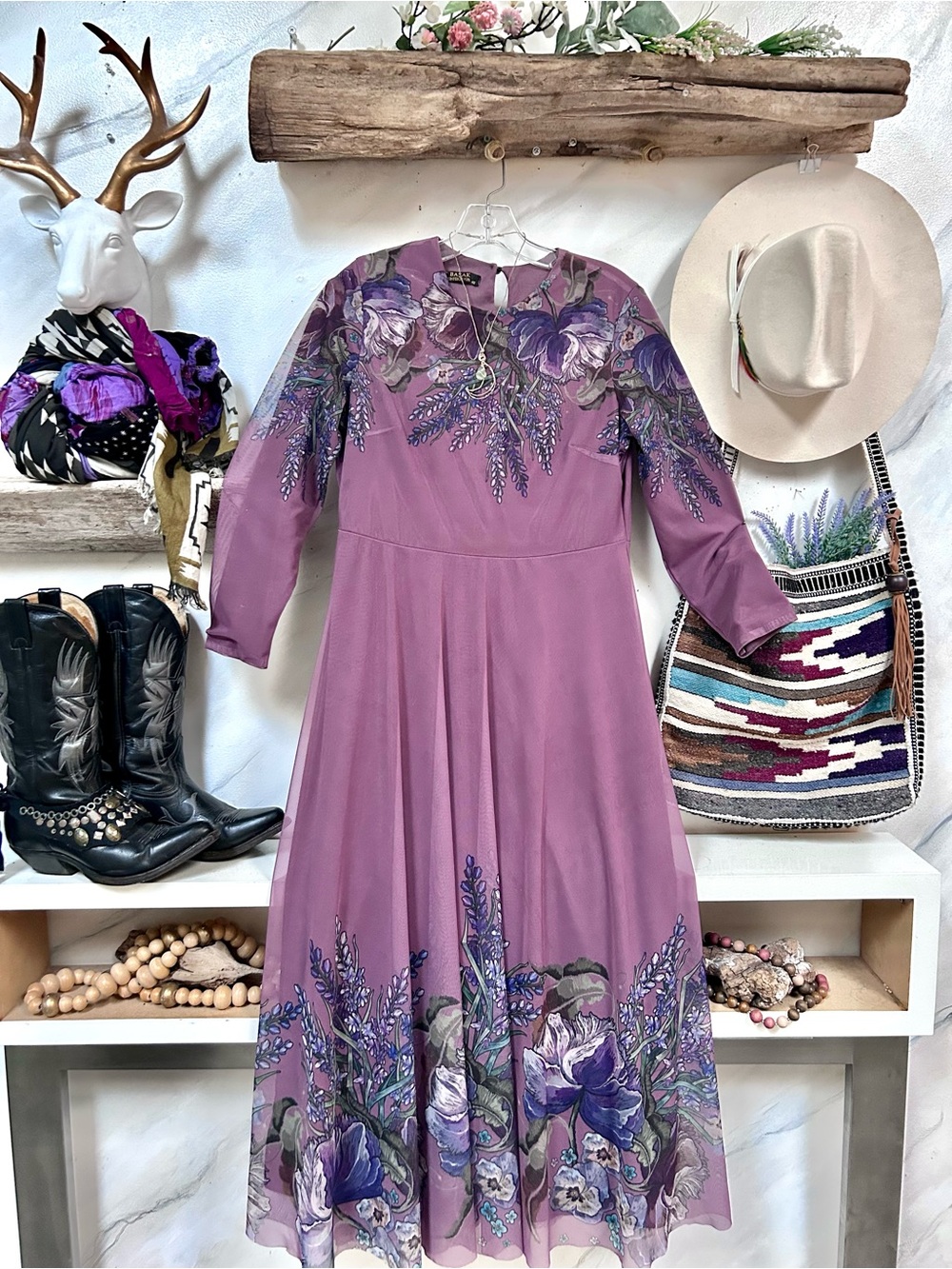Lavender Floral Maxi boho Dress w prairie Country shabby chic vibe